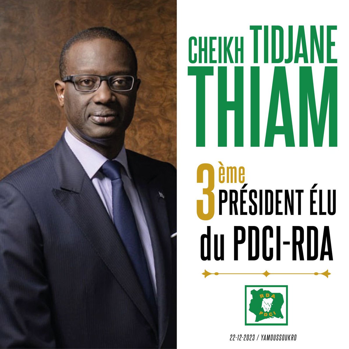 Avec un taux de participation de 64,44%, le ministre CHEICK TIDJANE THIAM est élu 3ème président du PDCI-RDA, ce jour à YAMOUSSOKRO, ville natale du père fondateur du PDCI-RDA. #CIV225 #pdcirda