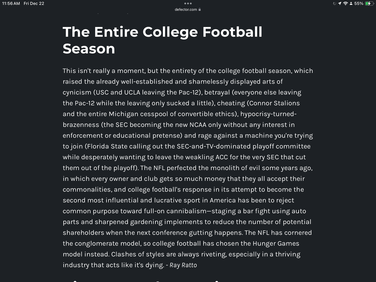 Via Gary @garygouldsberry@twit.social

Defector.com did their year end look at sports stories and I think Ray Ratto describes the reality of college football with his contribution. #collegefootball #sports #pac12 #Calfootball #CFB