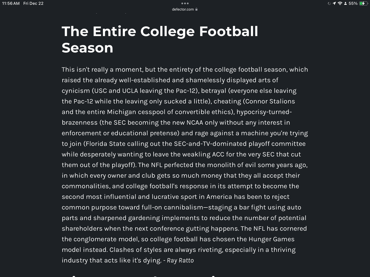 Via Gary @garygouldsberry@twit.social Defector.com did their year end look at sports stories and I think Ray Ratto describes the reality of college football with his contribution. #collegefootball #sports #pac12 #Calfootball #CFB