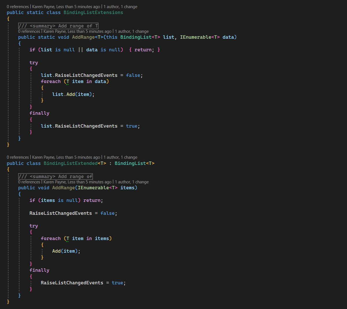Been using BindingList for years and when dealing with adding large sets of data first used the extension method below when not viable to load via the constructor then decided to create a custom BindingList shown below as tend to add ranges without wanting to  raise change events