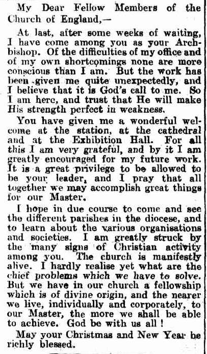 AustAnglican's tweet image. 23 December 1929: the Most Revd Frederick Waldegrave Head (1874-1941) installed and enthroned @StPaulsCathMelb as third Archbishop of Melbourne (sixth diocesan). #anglican #94years The new Archbishop's first message to his diocese is attached.