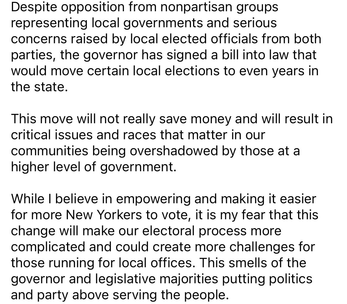 My statement on the governor signing into law a bill that would move certain local elections to even years.