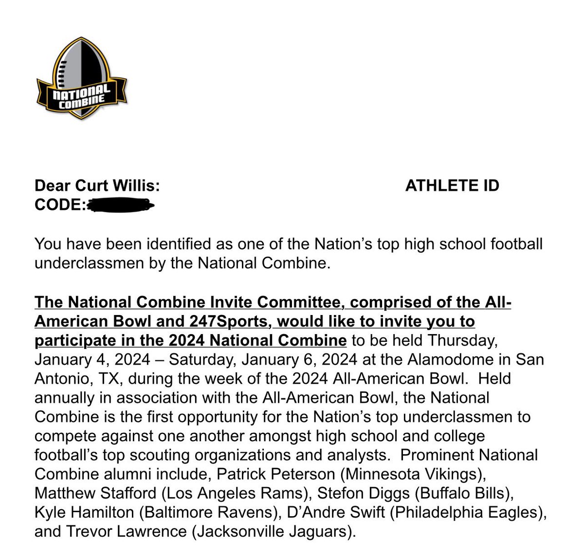 Thank you @AABonNBC for the invite back to compete in the 2024 National Combine in San Antonio, TX‼️ @recruithornets @HallTechSports1 @TheCoachHolman @PrepRedzoneAL @AL_Recruiting @ErikRichardsUSA @NationalComb1ne @JohnSchmidAAB @247Sports @stevequinnFBU @AWilliamsUSA @77MMorais