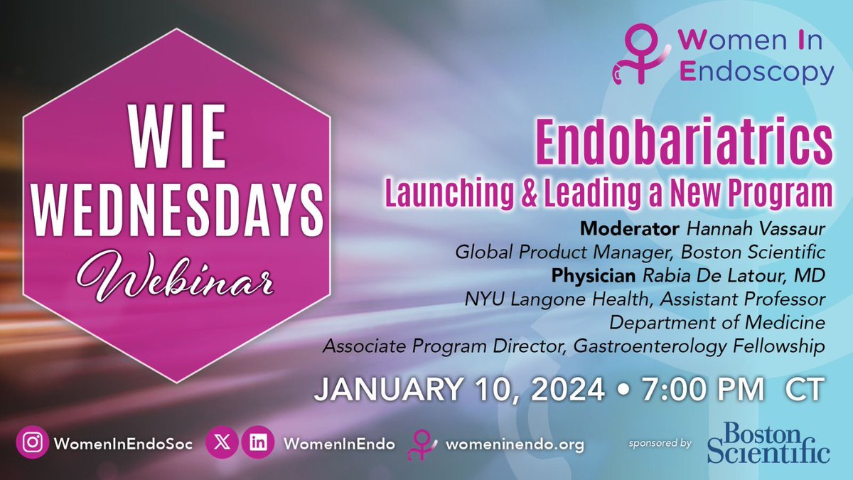 Join us at our next #WIEWednesday! January 10th, 2024 at 7pm CT. During this free webinar event, Dr. Rabia De LaTour will be interviewed by Hannah Vassaur, Global Product Manager at Boston Scientific. We hope you will join us! Register Now: buff.ly/3GUF5JD #womeninendo