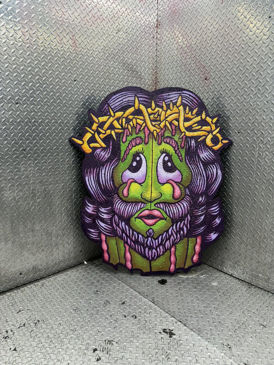 ANTAstuff's tweet image. Cactus Cristo 2023, acrylic and kitty litter on wood panel