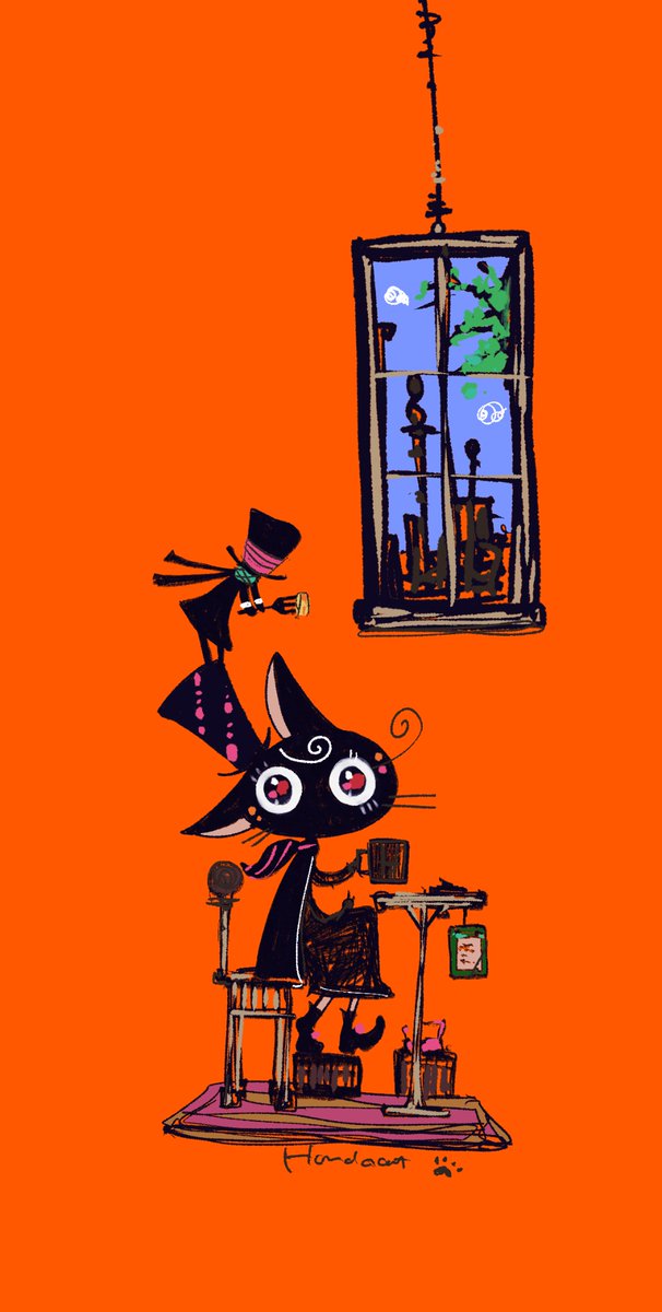 「外は天気かしら? 」|ほんだ猫 (不思議風景と猫を描くぶるべり)のイラスト