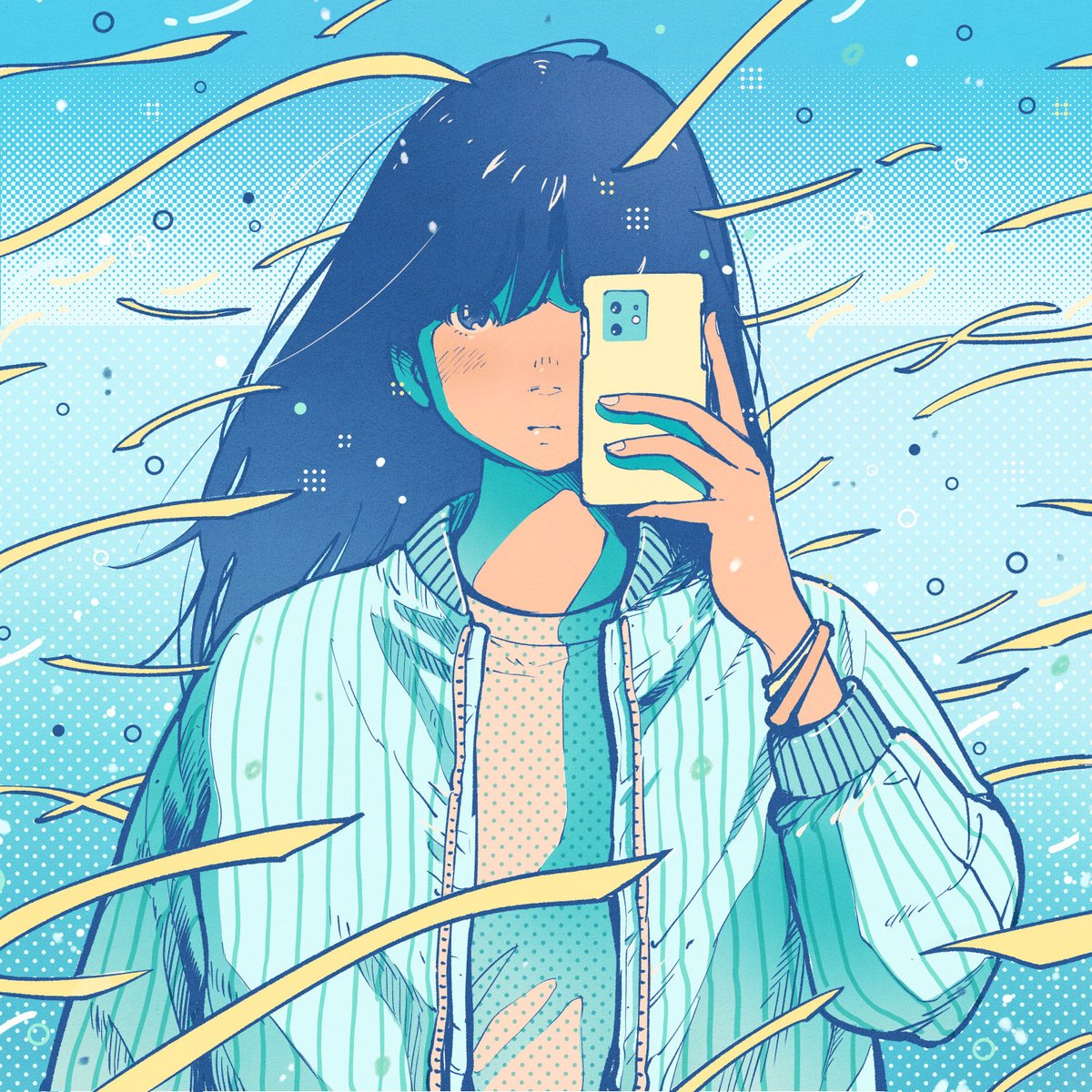 1girl solo long hair holding upper body phone holding phone  illustration images