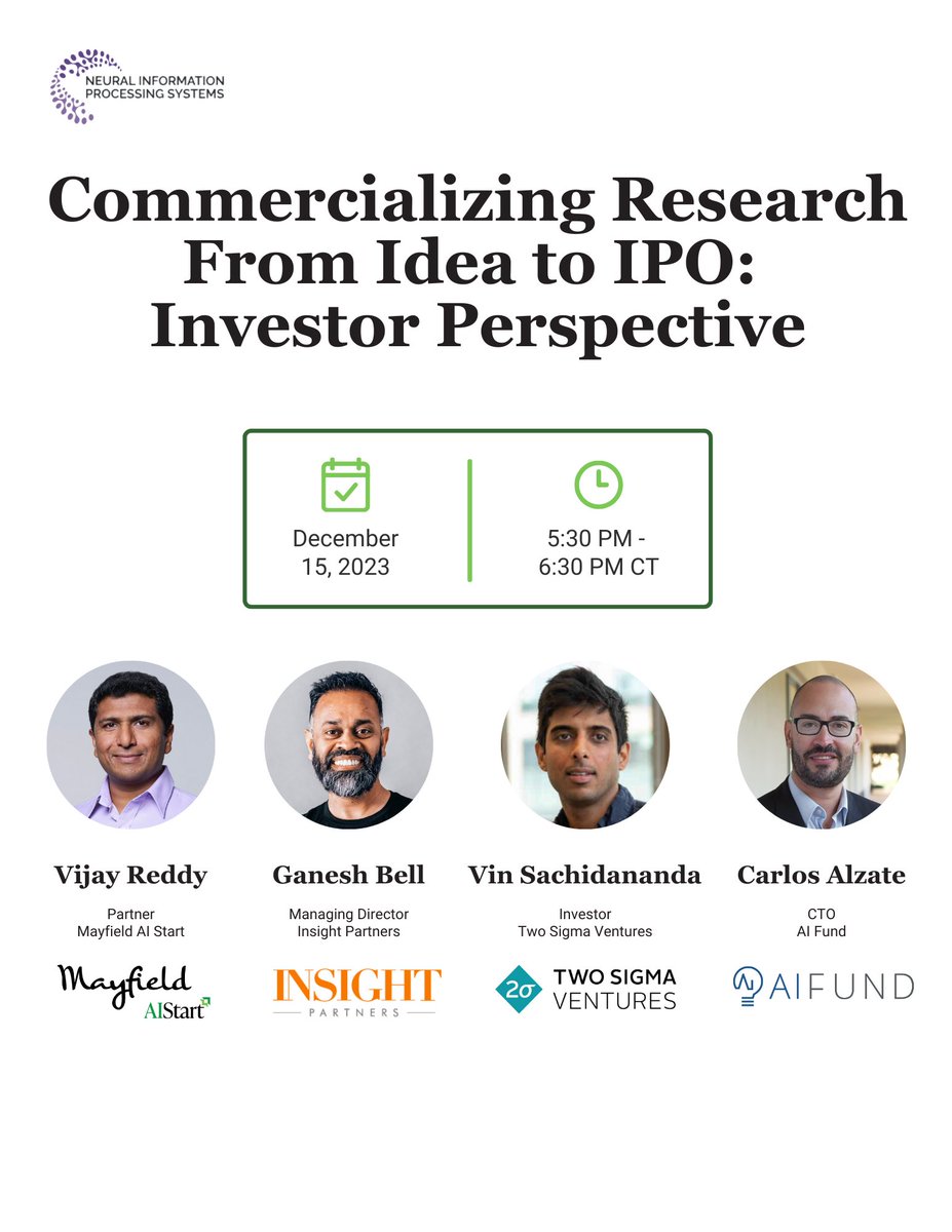 Vijay Bahu (@reddyvijayb) on Twitter photo Join us at #NeurIPS2023 R02-R05 (5.30-6.30pm) for an interactive panel discussion with Ganesh Bell <a href="/insightpartners/">Insight Partners</a> , Carlos Alzate <a href="/AI_Fund/">AI Fund</a> , Vin Sachidananda, PhD <a href="/TwoSigmaVC/">Two Sigma Ventures</a> , <a href="/ReddyVijayB/">Vijay Bahu</a> <a href="/MayfieldFund/">Mayfield</a> (#AIStart) bit.ly/3uUdYvs Join us at #NeurIPS2023 R02-R05 (5.30-6.30pm) for an interactive panel discussion with Ganesh Bell <a href="/insightpartners/">Insight Partners</a> , Carlos Alzate <a href="/AI_Fund/">AI Fund</a> , Vin Sachidananda, PhD <a href="/TwoSigmaVC/">Two Sigma Ventures</a> , <a href="/ReddyVijayB/">Vijay Bahu</a> <a href="/MayfieldFund/">Mayfield</a> (#AIStart) bit.ly/3uUdYvs