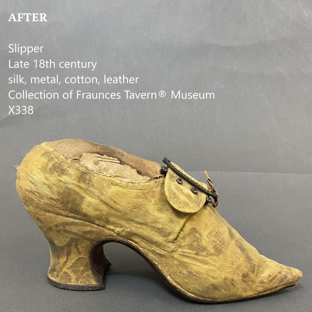 Thank you to @americanacorner , whose grant allowed us to conserve a ladies’ slipper that belonged to Martha Washington (1731-1802) who gifted it to Lady Mary Watts in 1789. Come view the slipper back on display in the McEntee Gallery on the 3rd floor of the Museum!