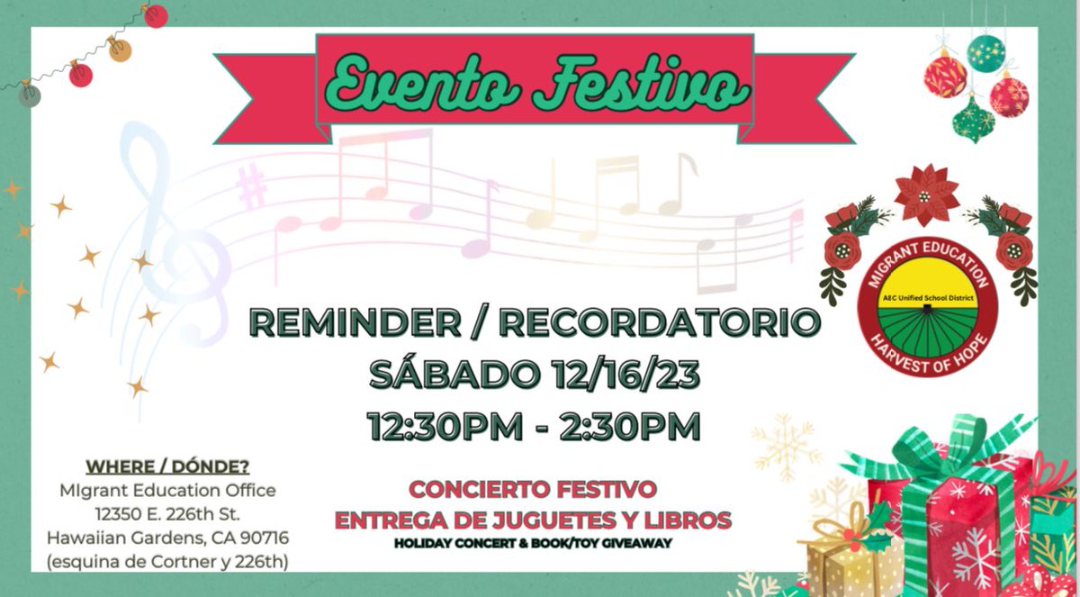 mep_abcusd's tweet image. Concierto Festivo y entrega de juguetes y libros 🎁
Oficina del Programa Migrante en la escuela Hawaiian 
Sábado, December 16, 2023
Puertas abrirán a las 12:30 p.m.
Este evento es para estudiantes y padres del Programa de
Educación Migrante!!
