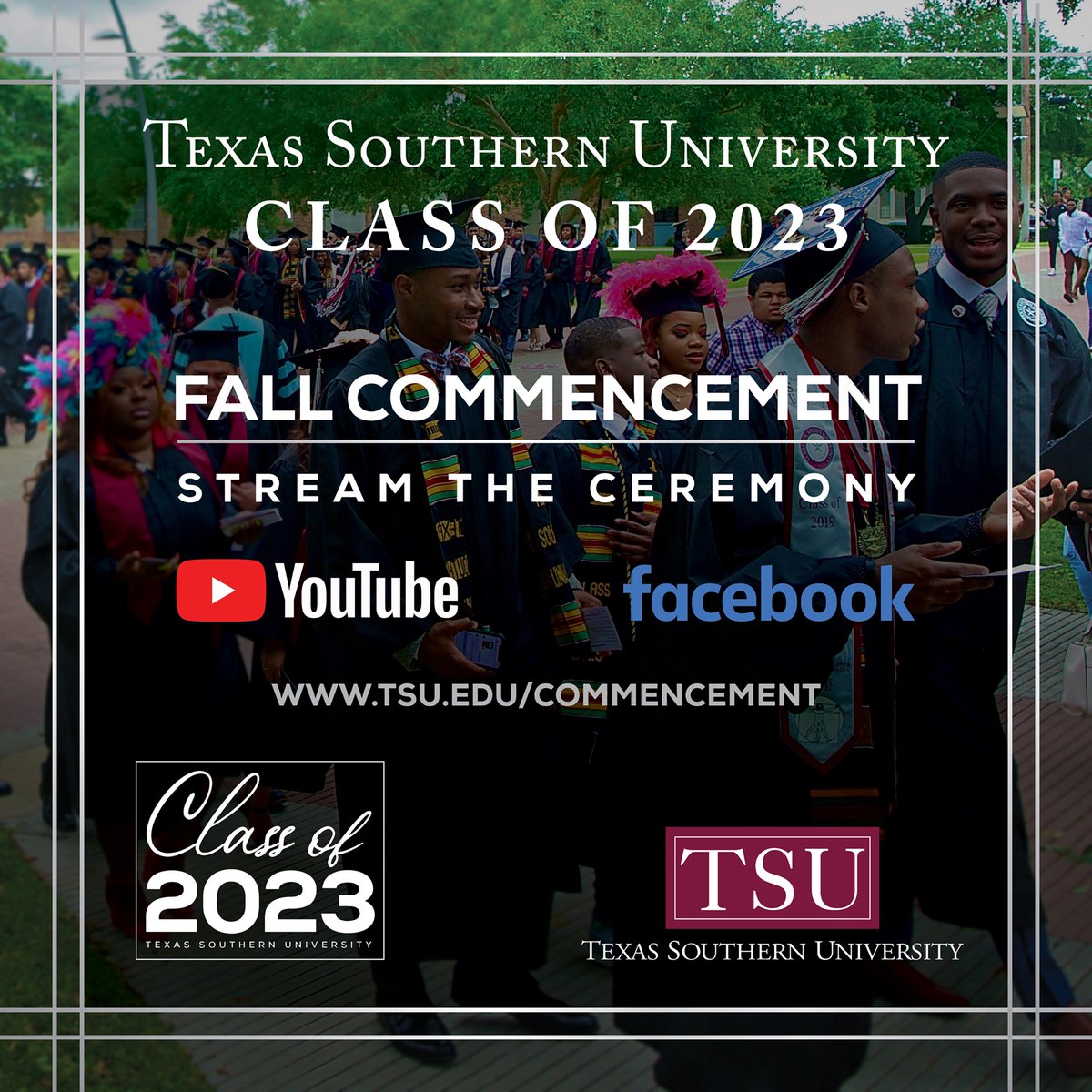 Stream tomorrow's Fall 2023 commencement ceremony on Youtube, Facebook, or tsu.edu/commencement . Congratulations Fall 2023 graduates! #TSUGRAD23 #TSUPROUD