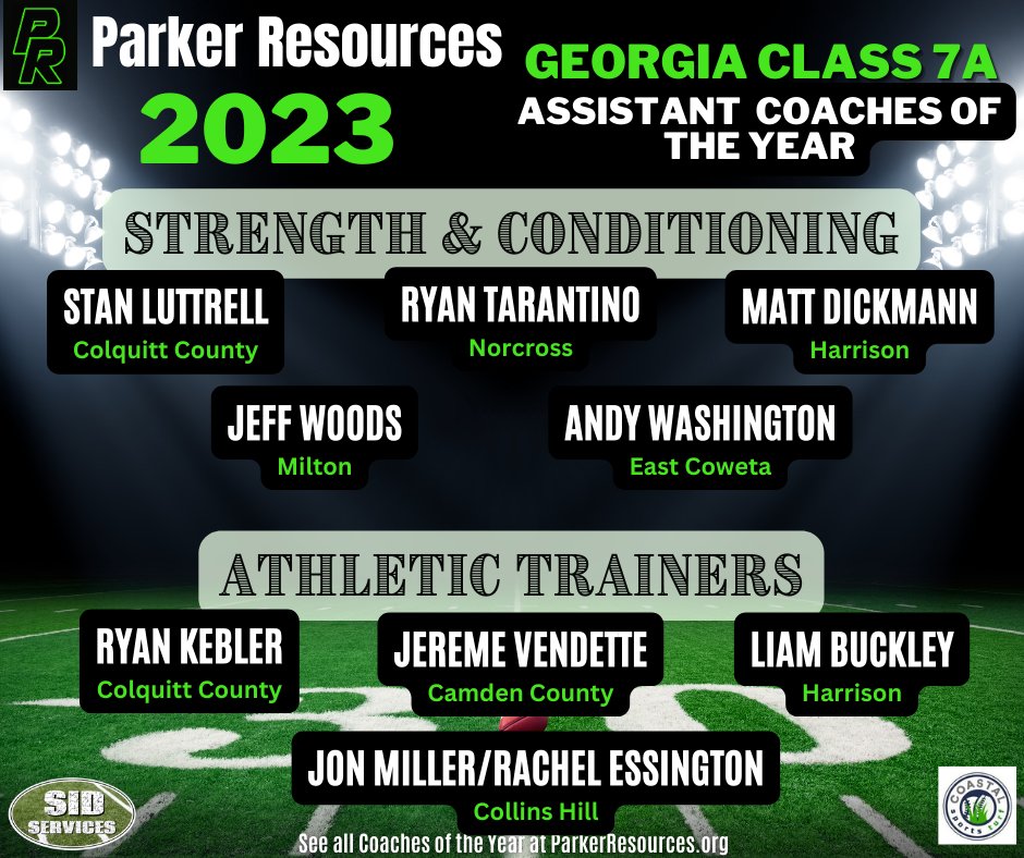 Parker Resources (@parkerresources) on Twitter photo Congratulations to our 2023 Georgia High School Class 7A Strength & Conditioning Coordinators of the year and Athletic Trainers of the year! If you know them, tag them and congratulate them! Congratulations to our 2023 Georgia High School Class 7A Strength & Conditioning Coordinators of the year and Athletic Trainers of the year! If you know them, tag them and congratulate them!