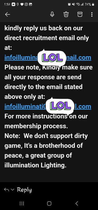 🤣😂🤣😂🤣😂 I'm fancy. The "illuminati" wants me to join. 😂🤣😂🤣    Scammers have gotten so lazy. Dang. https://t