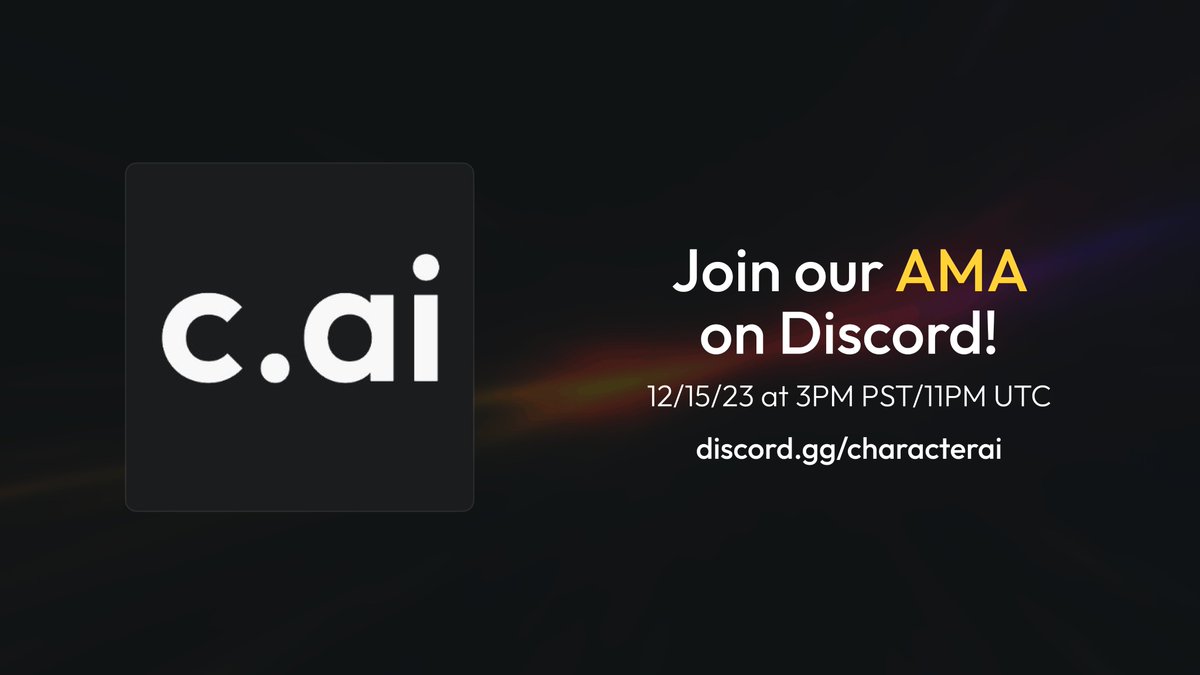 Have questions for the C.AI team? Want insight into Character.AI development? We'll be hosting an AMA at 3pm PST on our Discord server! 🤝 Join our Discord here 👇 discord.com/events/1017072… #CharacterAI