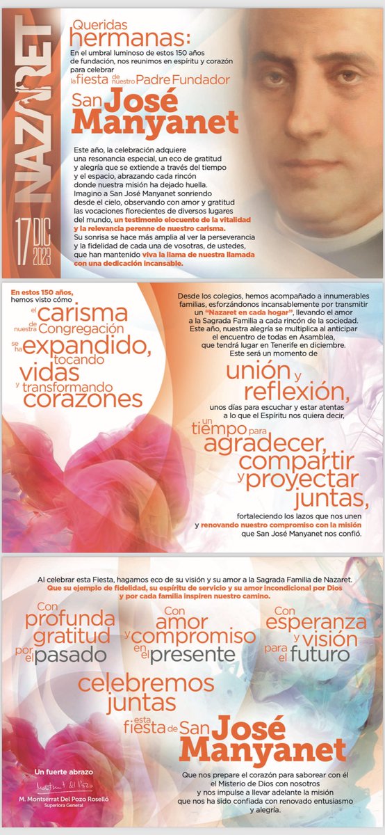 Fiesta de San Josep Manyanet. Fundador de las Hijas de la Sagrada Familia de Nazaret y de los Hijos de la Sagrada Familia.
“VE A NAZARET Y ESCUCHA CON DOCILIDAD LAS PALABRAS DE PAZ Y DE VIDA ETERNA QUE SALEN DE LOS  LABIOS DE JESÚS, MARÍA Y JOSÉ”. ( E.N. I, 1)