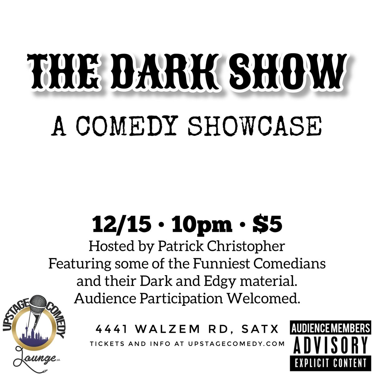 TONIGHT at Upstage Comedy Lounge.
THE DARK SHOW
Featuring some of the Funniest Comedians and their Dark and Edgy material. 
Audience Participation Welcomed!!!
#sanantonio #friday #night #comedyshow #sanantoniocomedy #dark #edgy #standupcomedy  #audienceparticipation #win #prizes