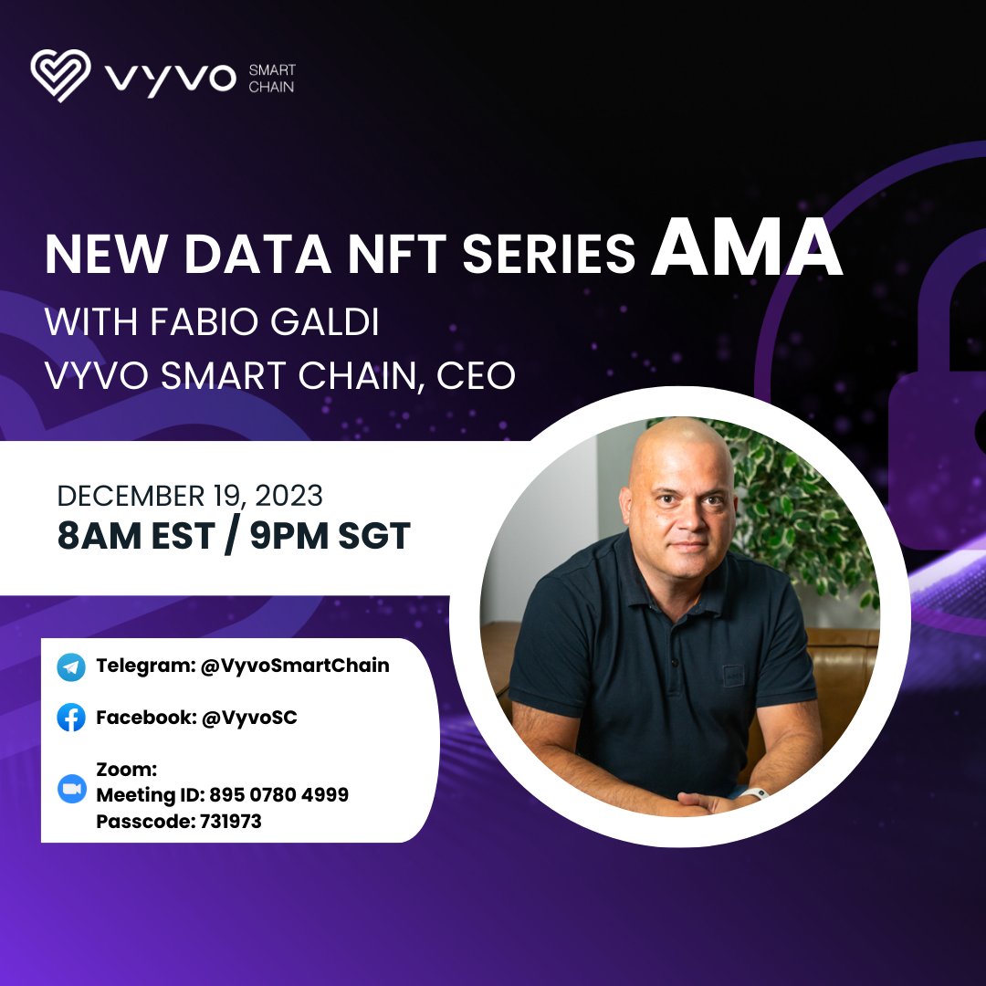 VyvoSocialFi's tweet image. 📢   Just a quick heads up – our much-anticipated AMA with Mr. Fabio Galdi is just around the corner on Tuesday! 🗓️ Get ready to dive into the details of our New Data NFT series.
🗓️ Date: Tuesday, Dec. 19
🕗 Time: 8 a.m. EST / 9 p.m. SGT
📌 Join us on Zoom, Telegram &amp;amp; Facebook
