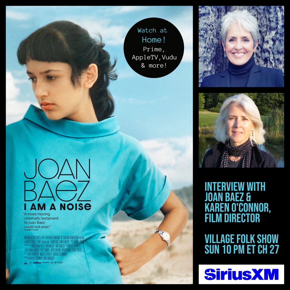 The bar has been raised for documentaries on world famous musicians!  <a href="/joancbaez/">Joan Baez</a> &amp; filmmaker Karen O'Connor join the #VillageFolkShow to talk about the making of the doc #JoanBaezIAmANoise which you now can watch from home -Prime, AppleTV, Youtube+ #JoanBaez  #SiriusXM <a href="/SIRIUSXM/">SiriusXM</a>