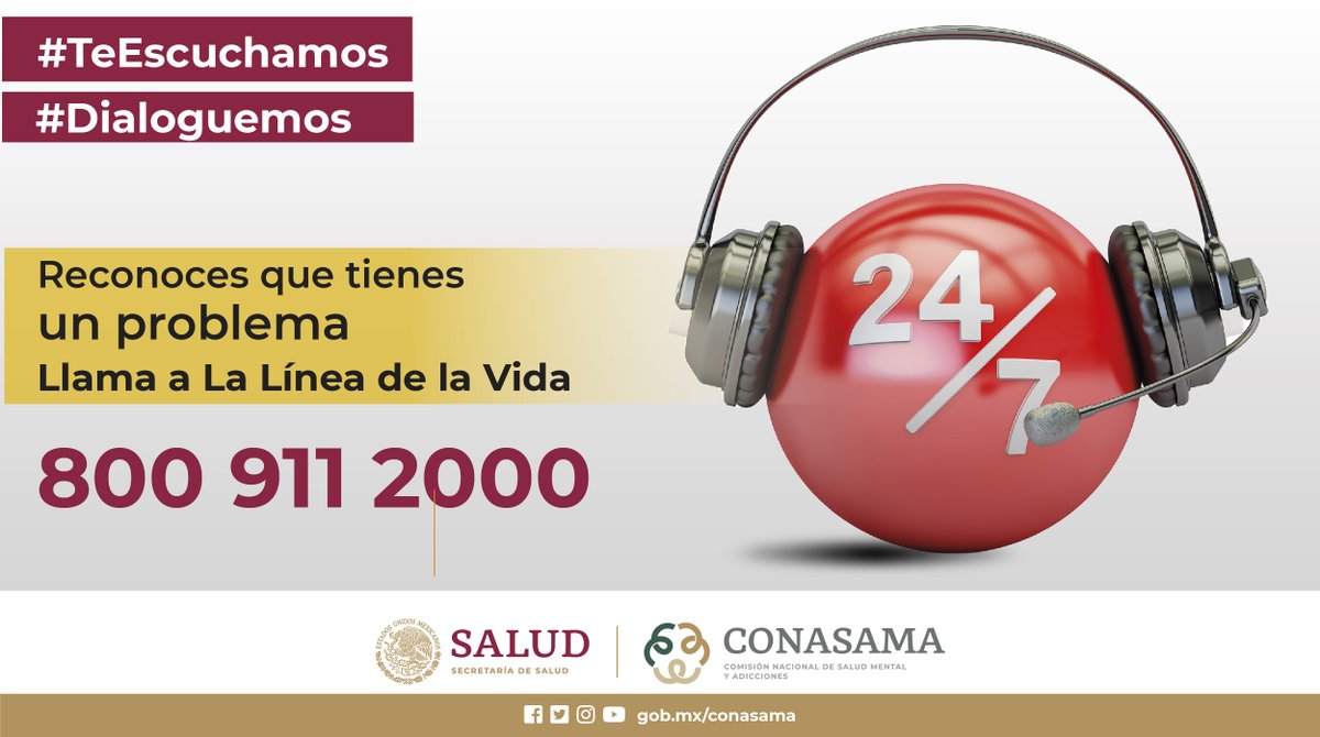 CONASAMA (@conasamamx) on Twitter photo Recuerda que la @lineade_lavida trabaja 24/7 para apoyarte si tienes problemas con tus emociones o con el abuso de sustancias psicoactivas.
Llama al 📲 800 911 2000 o manda un mensaje a nuestras redes sociales #TeEscuchamos
#PorLaSaludMental #FelizNavidad
<a href="/juntosxlapazmx/">Juntos por la Paz ☂️</a> Recuerda que la @lineade_lavida trabaja 24/7 para apoyarte si tienes problemas con tus emociones o con el abuso de sustancias psicoactivas.
Llama al 📲 800 911 2000 o manda un mensaje a nuestras redes sociales #TeEscuchamos
#PorLaSaludMental #FelizNavidad
<a href="/juntosxlapazmx/">Juntos por la Paz ☂️</a>