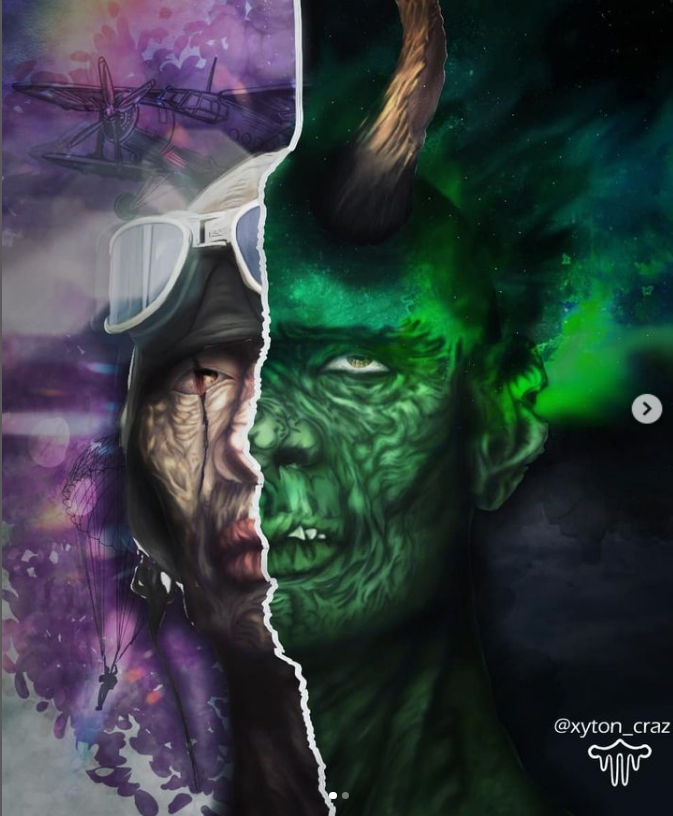 Xyton_Craz's tweet photo. Everyone has two sides.

.
I make thine art.
Soldier with two halves.
Good half and bad half.
The pilot and the devil.
.

#artnews #artinfo #painting #photo #photography #abstract #acrylic #watercolor #illustration #art #digital #digitaldrawing #digitalart #digitalart #digital #pilot #me #art #tiktok #journey #plane #universe #stars #devil #horns #tiring #memory #man #soldier #war #copyright #love #half #flowers #detail #hero #monster #flying #parachute #galaxy #beautiful #nice #pretty