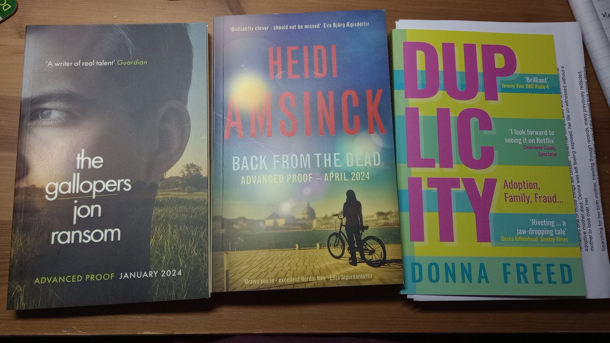 A taste of 2024 from @MuswellPress thanks to @Brownlee_Dona sending me this trio of treats #bookpost - the 2nd novel from @PolariPrize First Book prize winner Jon Ransom, @HeidiAmsinck1's 3rd outing for Jensen & Jungersen, and Donna Freed's incredible family story of adoption.