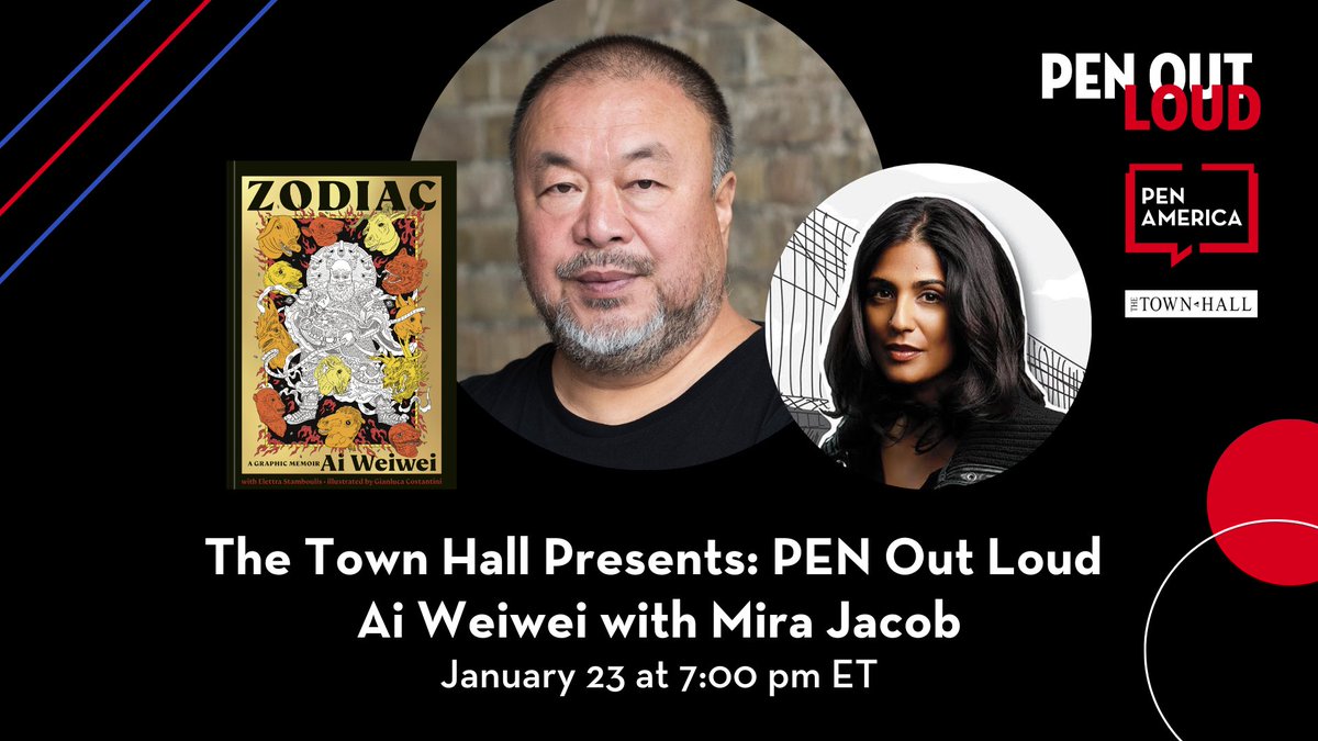 Please join @aiww in conversation with @mirajacob at @TownHallNYC about his new graphic memoir Zodiac on 1/23. Tickets are available now. thetownhall.org/event/pen-out-…