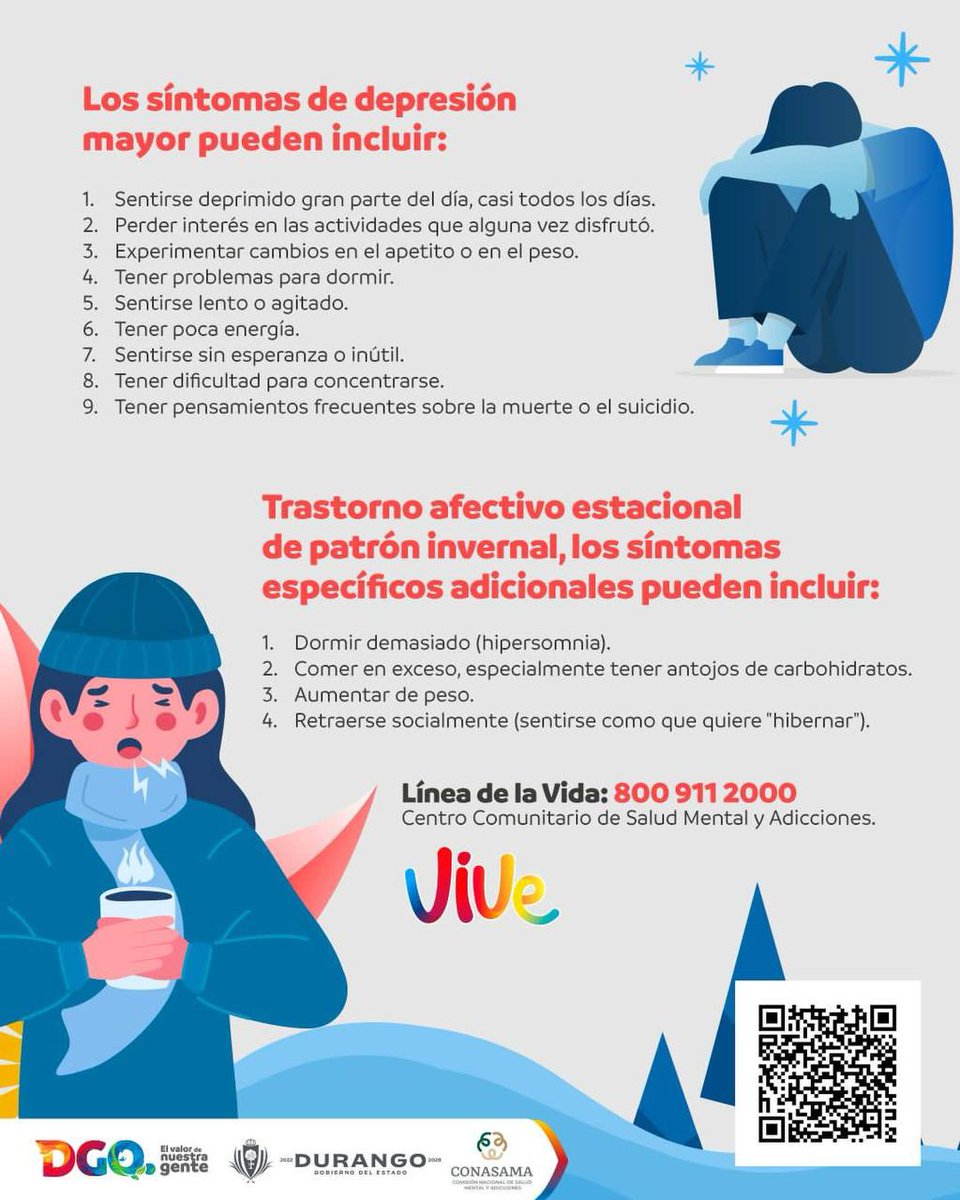CONASAMA (@conasamamx) on Twitter photo ¿Crees que puedes padecer el Trastorno Afectivo Estacional?
Identifica los síntomas:
📌 Irritabilidad
📌 Melancolía
📌 Poca energía
📌 Baja autoestima
En la @LineaDe_LaVida podemos ayudarte: 📲800 911 2000
#NosCuidamos #PorLaSaludMental
<a href="/juntosxlapazmx/">Juntos por la Paz ☂️</a> ¿Crees que puedes padecer el Trastorno Afectivo Estacional?
Identifica los síntomas:
📌 Irritabilidad
📌 Melancolía
📌 Poca energía
📌 Baja autoestima
En la @LineaDe_LaVida podemos ayudarte: 📲800 911 2000
#NosCuidamos #PorLaSaludMental
<a href="/juntosxlapazmx/">Juntos por la Paz ☂️</a>