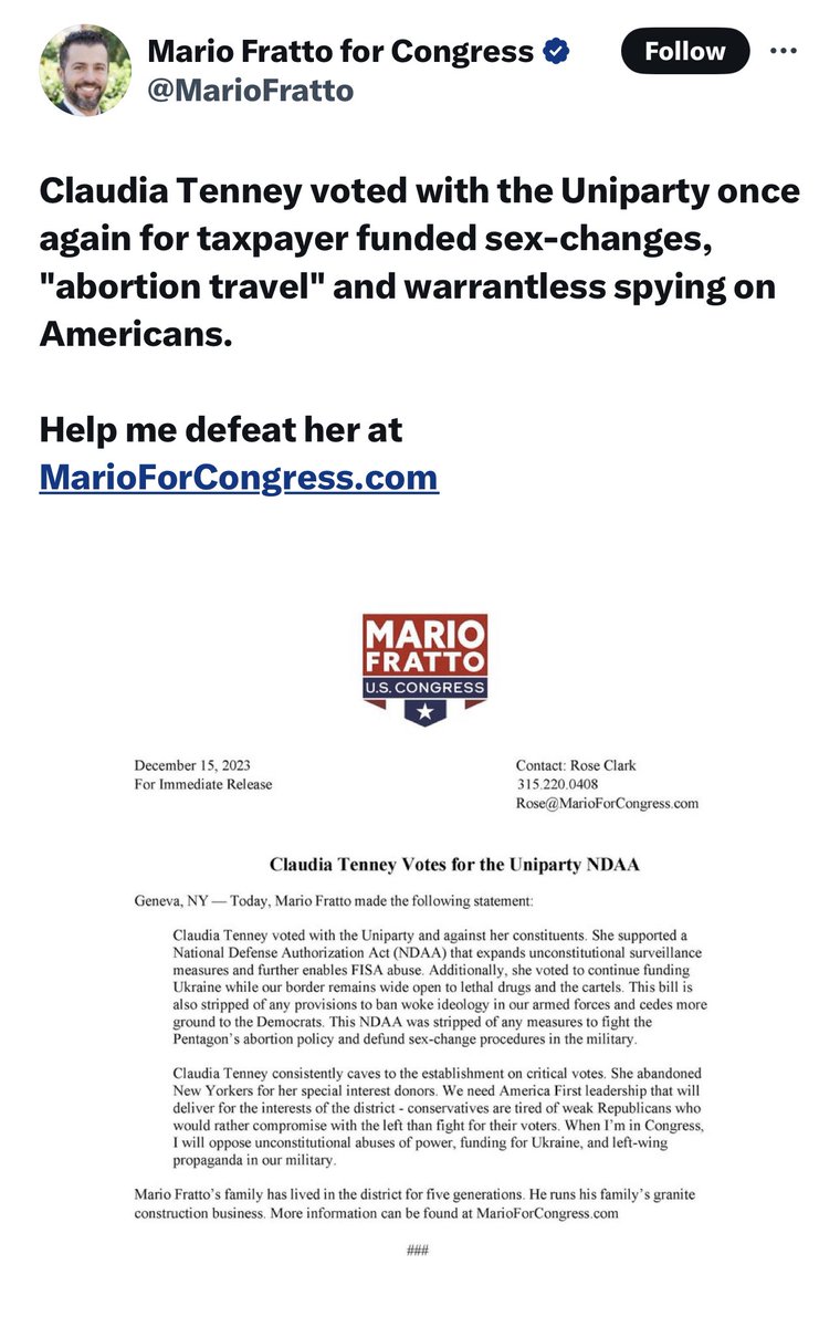 We are not surprised to see #FarLeftFratto attacking a military funding bill that: ✅ Bans CRT and Drag Shows from the military ✅ Provides largest pay raise to the troops in 20 years ✅ Makes Fort Drum soldiers eligible for Cold Weather location assignment pay ✅ Fully…