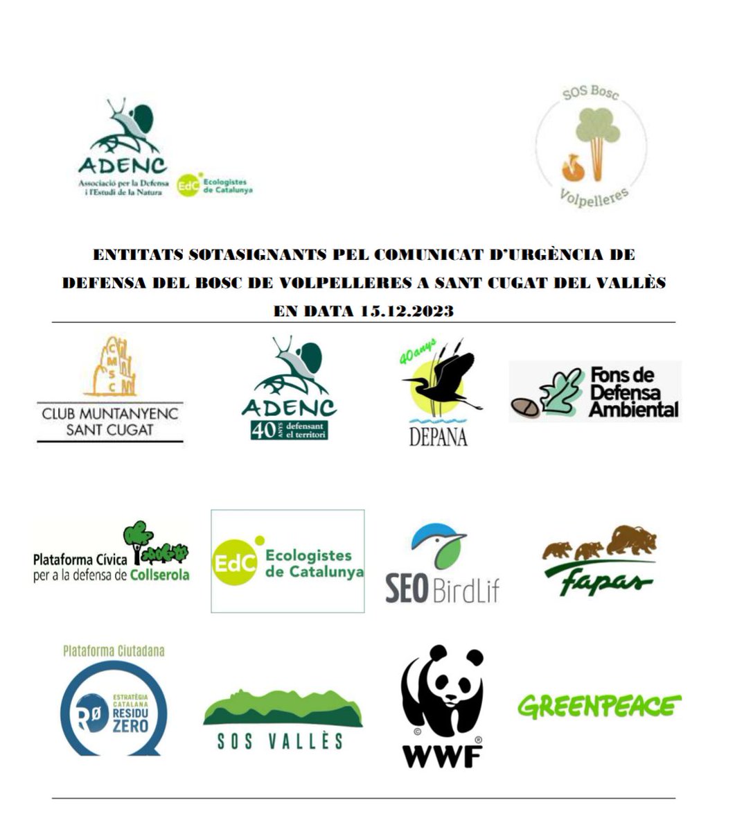 📢 COMUNICAT D'URGÈNCIA DE LES ENTITATS ECOLOGISTES DE CATALUNYA‼️
<a href="/Adenc1982/">ADENC</a> <a href="/wwfbarcelona/">Grup Local WWF Barcelona</a> <a href="/GLSEOBarcelona/">GL SEO/Birdlife Barcelona</a> <a href="/UNIVERSIDAD_PMA/">Universidad dePanamá</a> <a href="/FonsDefensaAmb/">Fons de Defensa Ambiental</a> <a href="/GreenpeaceCAT/">Greenpeace Catalunya</a> 
<a href="/ecologistes/">Ecologistes en Acció de Catalunya</a> <a href="/sosvalles/">sosvalles</a> <a href="/FAPASSPAIN/">FAPAS</a> <a href="/PCDCollserola/">PLATAFORMA CÍVICA PER A LA DEFENSA DE COLLSEROLA</a> <a href="/clubmuntanyenc/">Club Muntanyenc</a> <a href="/plataformaCRZ/">Plataforma Ciutadana Residu Zero</a> <a href="/ecologistescat/">Ecologistes de Catalunya</a> <a href="/XRBarcelona/">Rebel·lió o Extinció BCN - XR Barcelona</a> 
<a href="/NaturaCMSC/">Que la nostra petja sigui lleu</a>