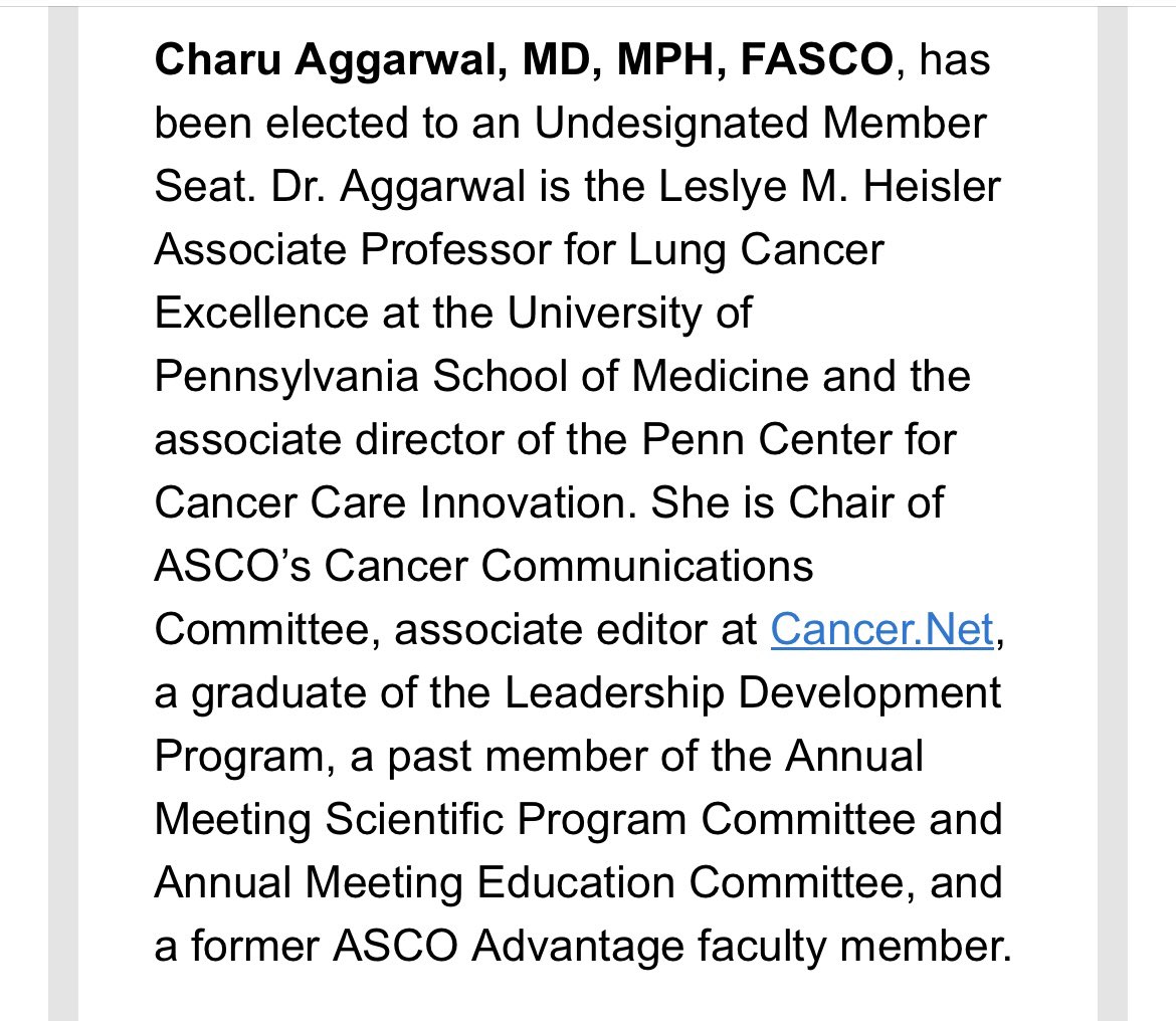 Hot off the press. Congratulations to @CharuAggarwalMD on election to ASCO board of directors. Thought leader in thoracic oncology and liquid biopsy. Well deserved Charu! 👏👏👏 @ASCO @IASLC