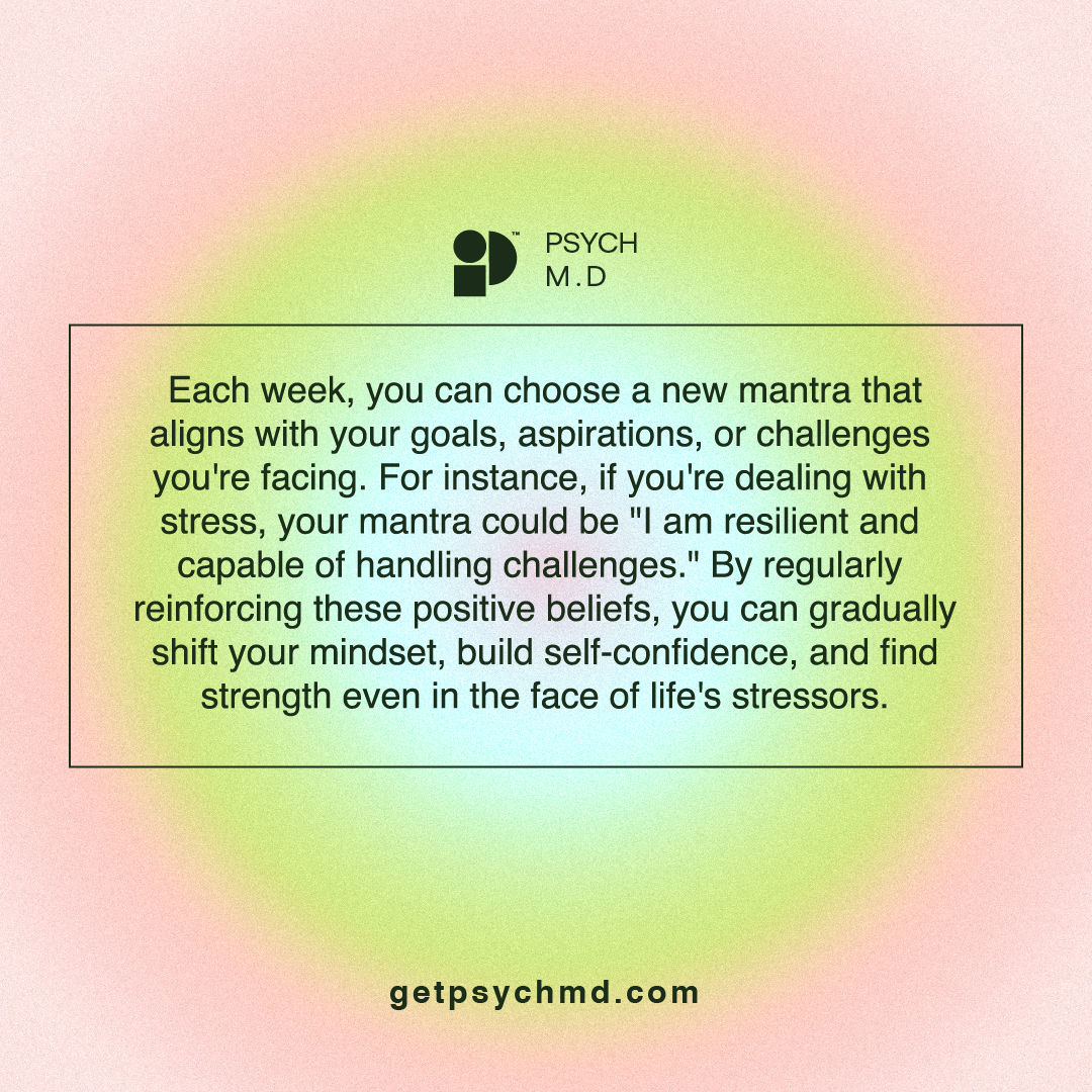 Discover how weekly mantras, chosen with intention, reshape your mindset, boost confidence, and nurture resilience. #PsychMD #athometherapy #treatdepression #mentalhealth #mentalwellness #ptsd #therapysession #innerhealing #ktherapy #vrtherapy #psychologist #selfcare