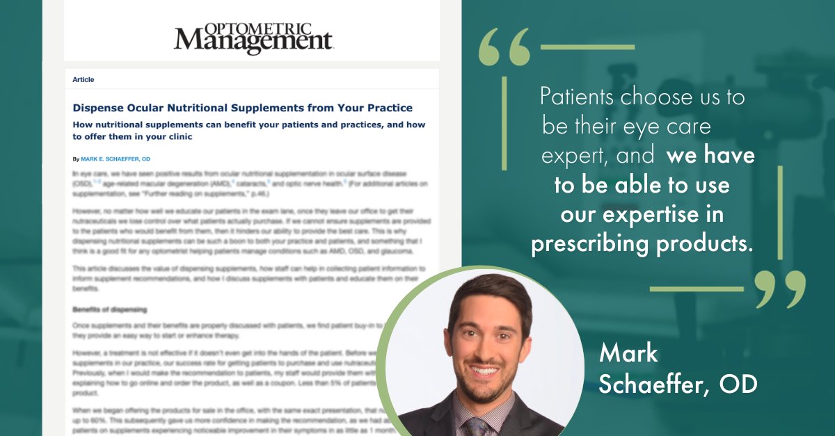 Could dispensing nutritional supplements directly to your OSD and AMD patients improve patient adherence and outcomes? Explore this subject with <a href="/Theeyedrisin/">Mark Schaeffer, O.D.</a> Mark Schaeffer, OD, in a recent <a href="/OptoManagement/">OptometricManagement</a> article!​

Read the full article here ➡️ bit.ly/3tkPBGJ