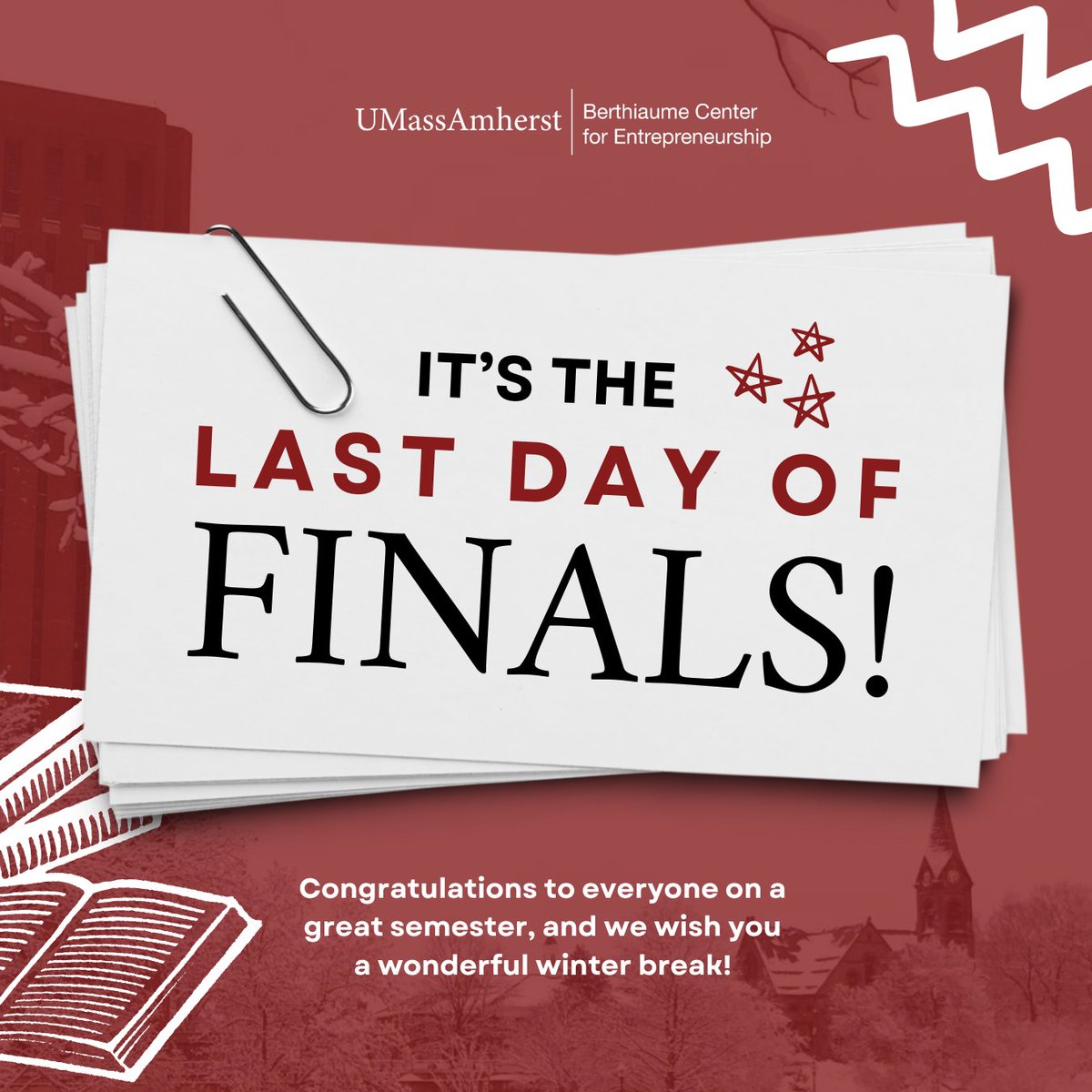 Wishing everyone a successful end to finals! 📚✨ Time to recharge those minds, here's to a well-deserved break! 🎉

 #FinalsFreedom  #SemesterComplete #InnovateAndCelebrate #FinalsWeek #GoodbyeFinals #Business #VentureIntoBreak #Umass #UmassAmherst #Innovation