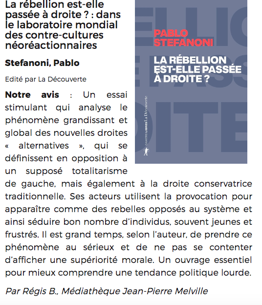 Merci à la <a href="/BibParis/">Bibliothèques de Paris</a> et aux bibliothécaires de m'avoir inclus parmi les coups de cœur "Sciences sociales" annuels des bibliothèques de la Ville de Paris.
Et a <a href="/RegBarF/">Régis Bar</a> pour sa critique.

bibliotheques.paris.fr/2023/les-coups…