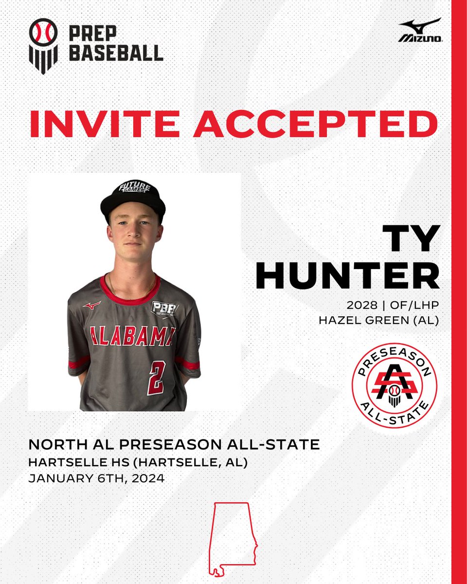 #NALPAS24: 𝐈𝐧𝐯𝐢𝐭𝐞 𝐀𝐜𝐜𝐞𝐩𝐭𝐞𝐝 🎟️ + OF/LHP Ty Hunter (@HGHS_Baseball, 2028) is 𝐋𝐎𝐂𝐊𝐄𝐃 𝐈𝐍 🔐 for the North AL Preseason All-State, held on Jan. 6th, 2024 at Hartselle HS. Request an invite at the link below. ⤵️ 🔗: loom.ly/shbMYzw // @THunter434