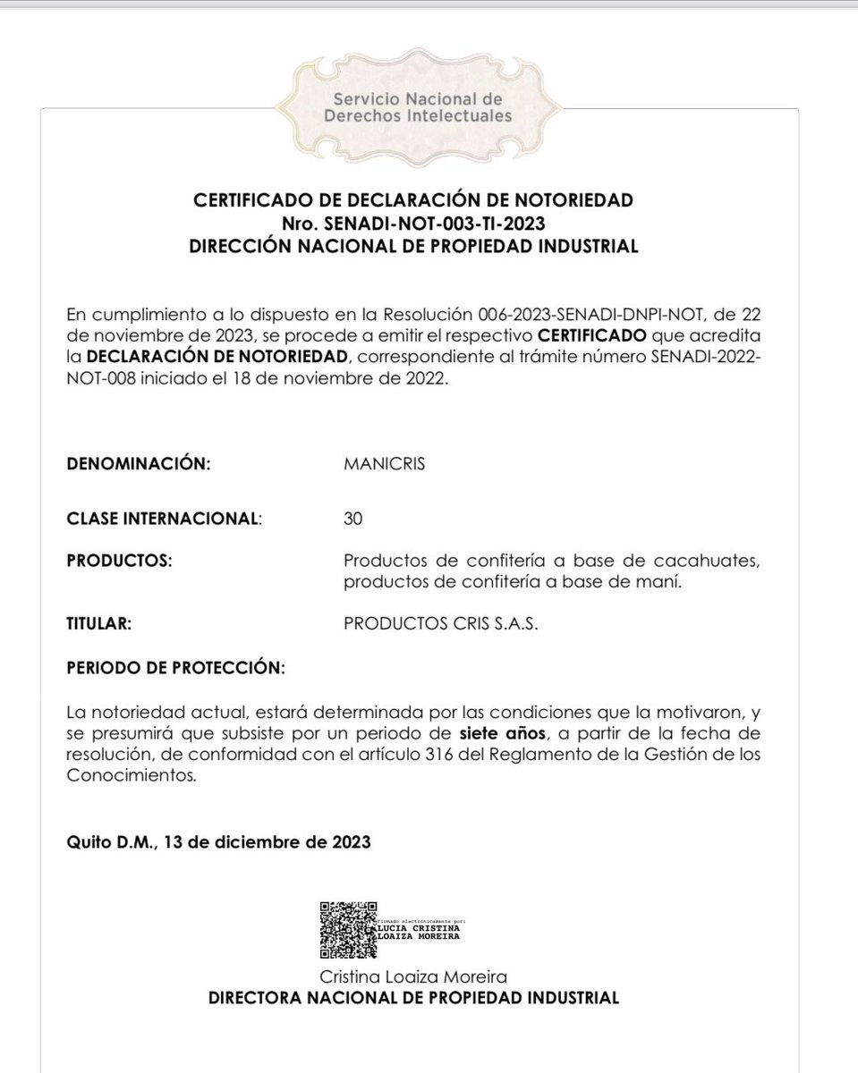 ¡Felicitaciones a nuestro cliente @Mani_Cris por convertirse en una de las primeras marcas ecuatorianas en ser reconocida por el SENADI como marca NOTORIA! Con lo cual incrementa significativamente su protección jurídica y valor. Ha sido un gusto poder asesorarlos. #Notoriedad