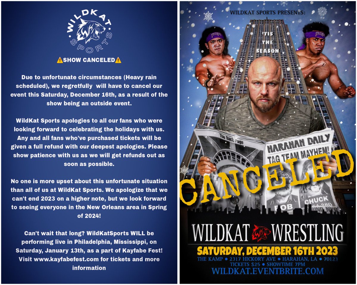 ⚠️SHOW CANCELED⚠️ Due to unfortunate circumstances (Heavy rain scheduled) @WildKatSports regretfully will have to cancel our event this Saturday, December 16th We apologize that we can't end 2023 on a higher note, but we look forward to seeing everyone in Spring 2024!