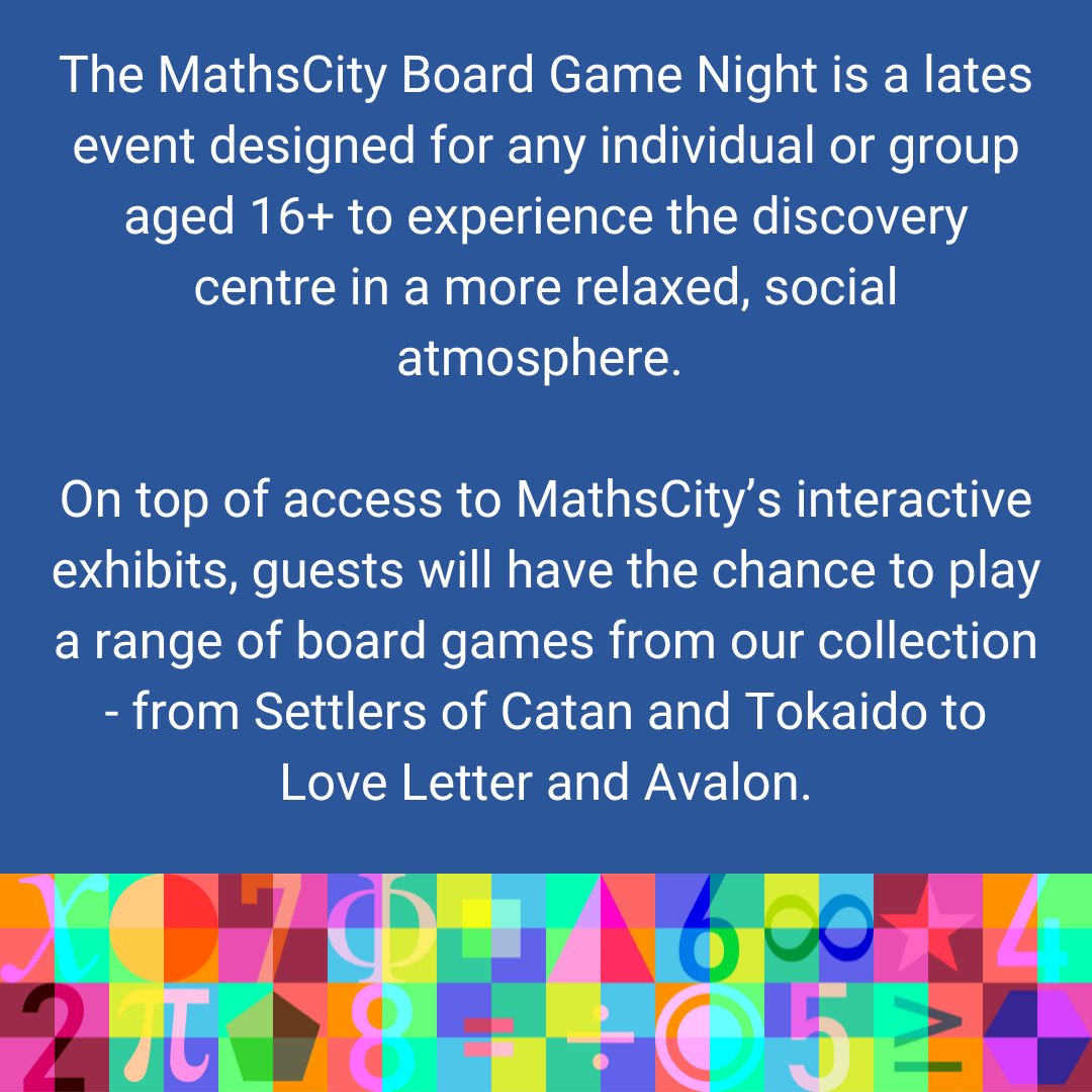 There are still tickets available for our Board Games Night next Tuesday from 18.00 - 21.30. Book now at: eventbrite.co.uk/e/770741246817…

#MathsCity #Maths #BoardGames #Events #Leeds #LeedsEvents