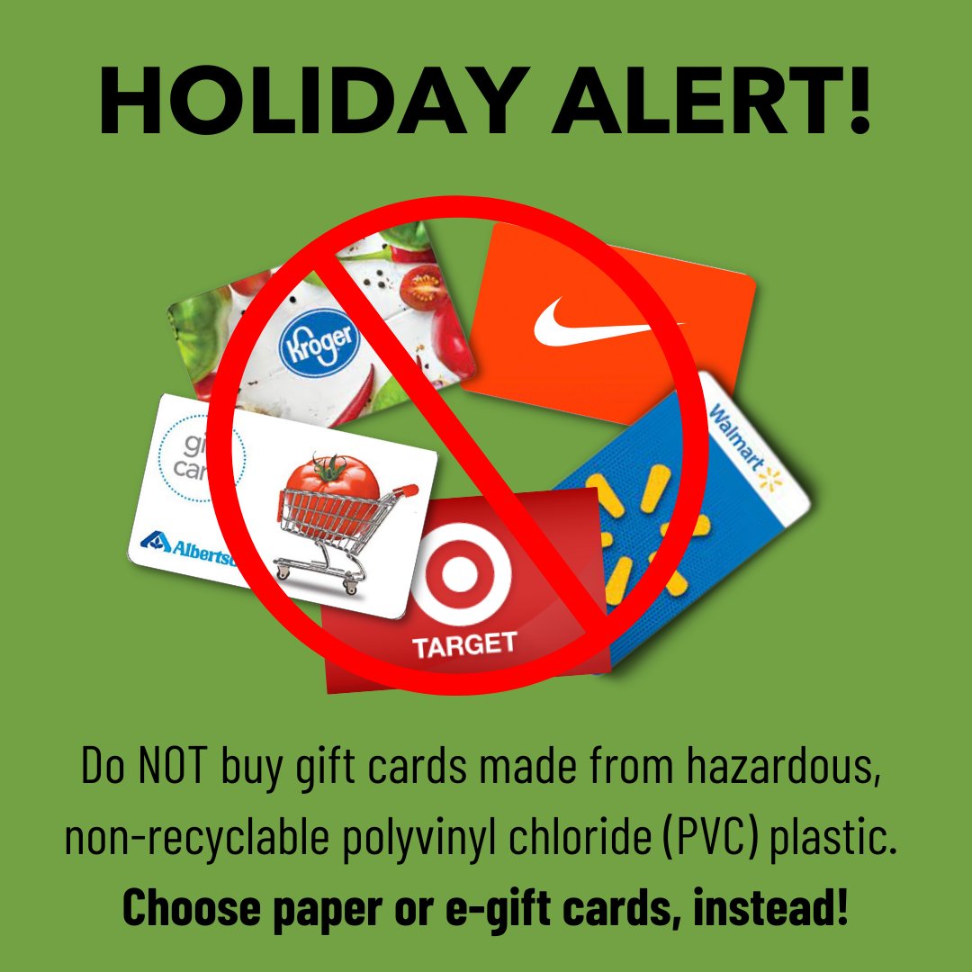 Did you know that the majority of gift cards are made from polyvinyl (PVC) plastic? This plastic is hazardous to create and impossible to dispose of safely. Choose a paper or electronic gift card, instead! Learn more: beyondplastics.org/publications/p… #toxicplastic #poisonplastic…