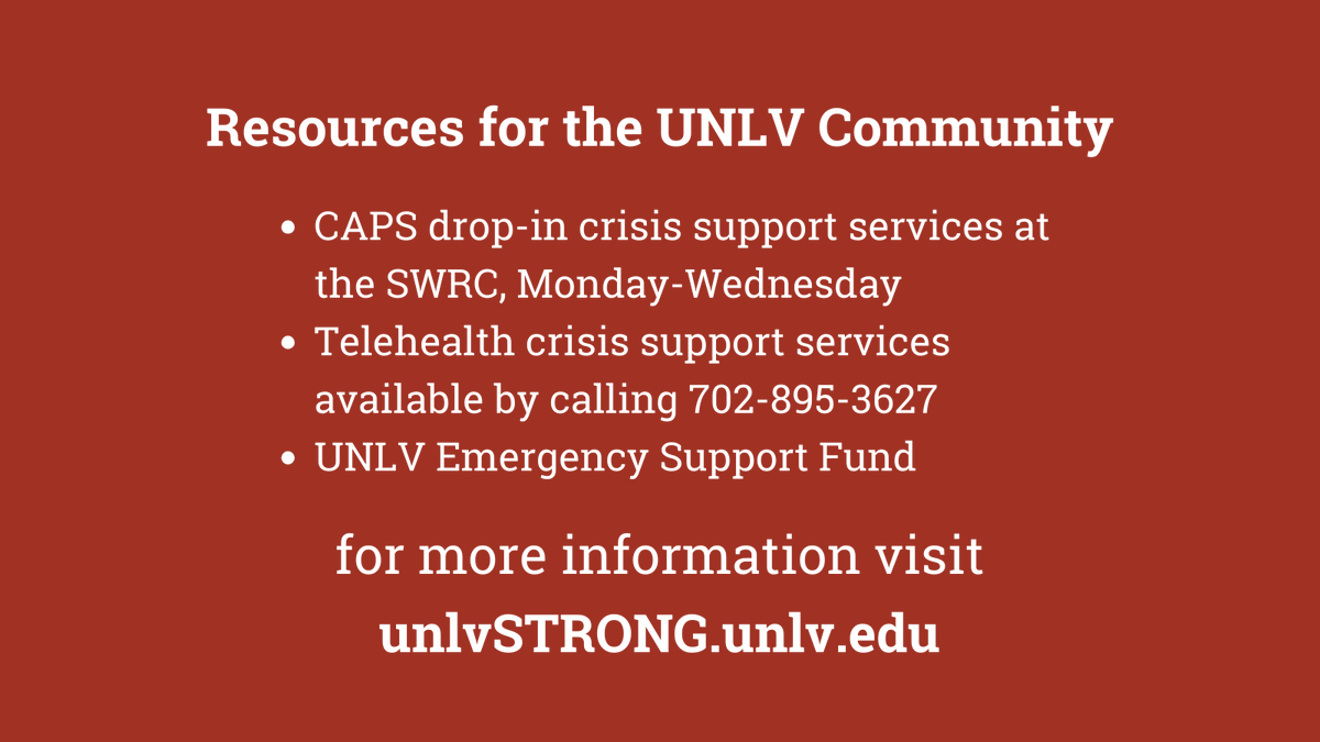 We wanted to share some of the resources <a href="/UNLV/">UNLV</a> is offering to our community during this time, and remind everyone to take care of themselves and never hesitate to ask for help. 

Get more information about the services available and campus operations at unlvstrong.unlv.edu