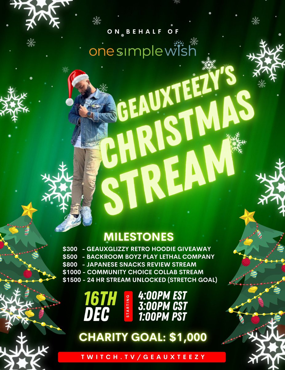 Announcing our annual Christmas Charity Stream this Saturday at 3pm CST. Raising money for @OneSimpleWish Charity providing gifts for the kids! Please share and or stop by to help us raise money for the kids!!