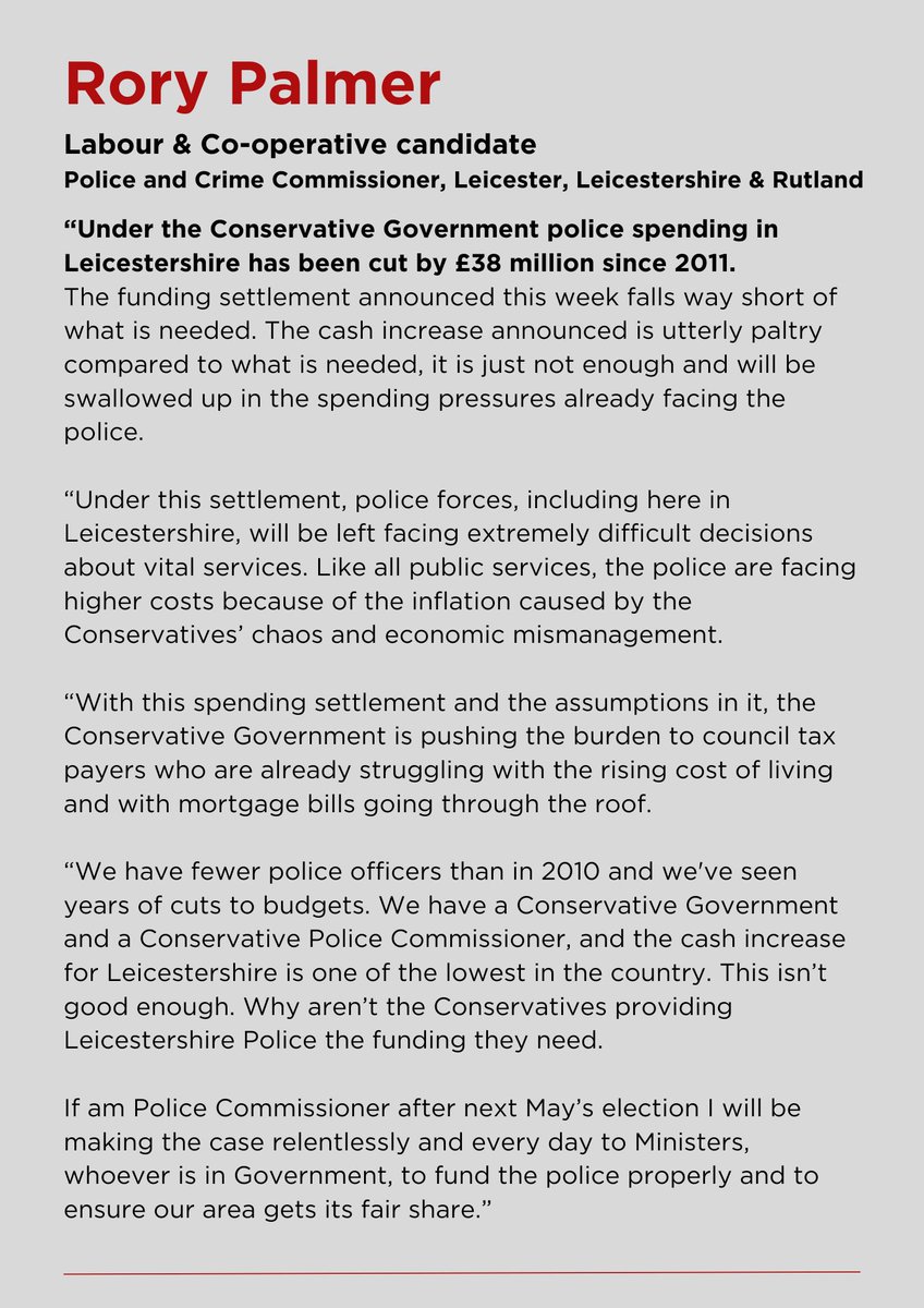 My full statement on the Police Funding Settlement 2024/25. Our police force and communities here in Leicestershire & Rutland deserve better than this ⬇️