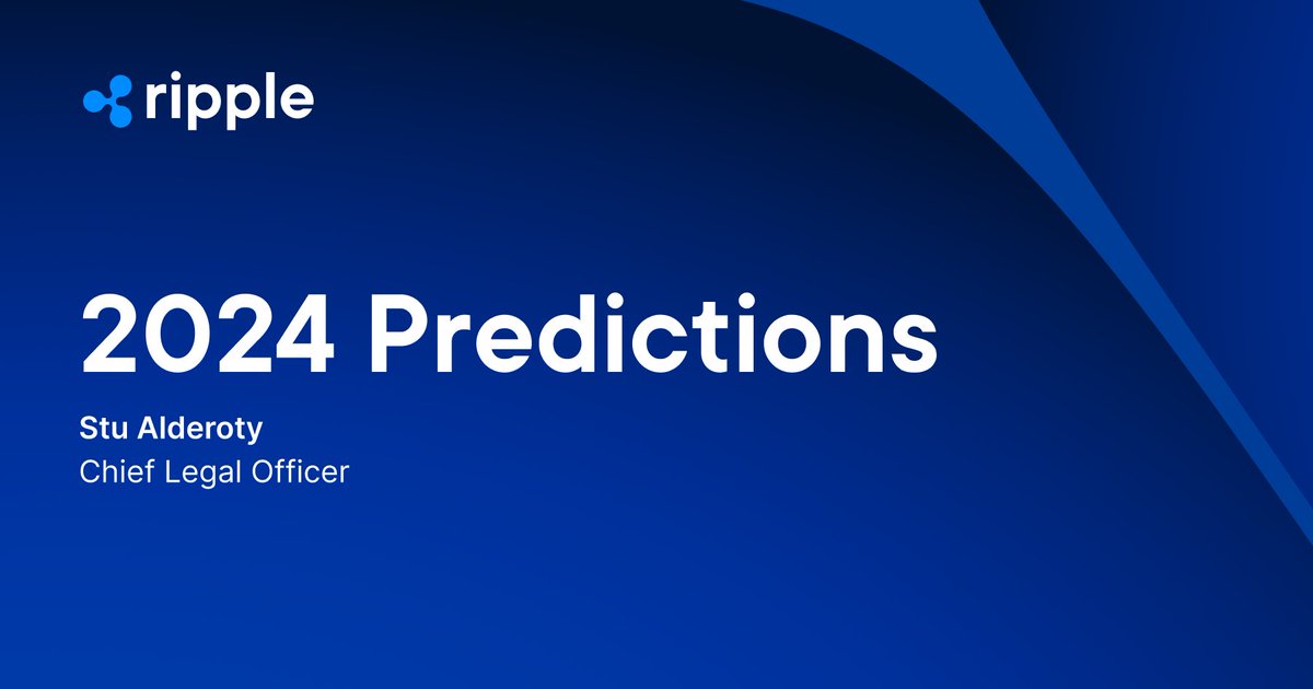 #2024Predictions — It’s that time of year again and we've asked leaders at Ripple to weigh in on what they think 2024 holds. 🔮 Our Chief Legal Officer @s_alderoty kicks us off with three bold outlooks on policy and U.S. crypto regulation for 2024.