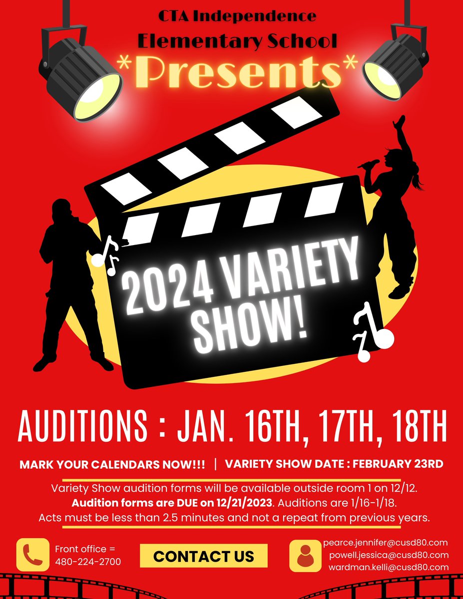 Variety Show forms are available outside of room 1 starting 12/12/23. Group performances are preferred over solo acts. Each act is limited to 2.5 minutes in length. If you were in the show previously, please come with a fresh new performance planned.