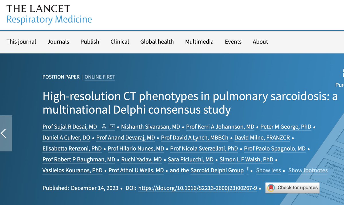 NEW Position Paper: HRCT phenotypes in Pulmonary #Sarcoidosis: a multinational Delphi consensus study @LancetRespirMed ✅Consensus that distinct CT phenotypes exist ✅7 CT phenotypes fibrotic & non-fibrotic Free download (for 50 days) with this link👇 authors.elsevier.com/c/1iFuY7tFB1Tt…