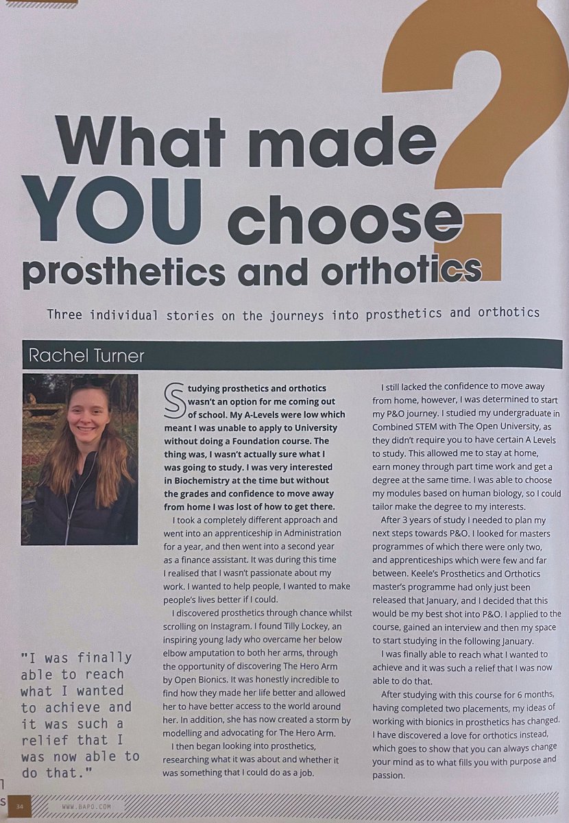 Keele Allied Health Professions & Pharmacy (@keeleahpp) on Twitter photo Thinking 🤔of choosing a career in Prosthetics & Orthotics..... Read about one of Keele University's MSc in P&O 🦾🦿student journeys into choosing P&O.
Want to know more write an email: to n.ahmed1@keele.ac.uk or Apply for Jan-2024 intake through the link:
bit.ly/30nSB6G Thinking 🤔of choosing a career in Prosthetics & Orthotics..... Read about one of Keele University's MSc in P&O 🦾🦿student journeys into choosing P&O.
Want to know more write an email: to n.ahmed1@keele.ac.uk or Apply for Jan-2024 intake through the link:
bit.ly/30nSB6G