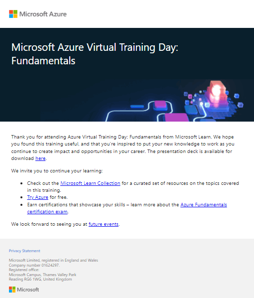 Just wrapped up an amazing 2-day training on Microsoft Azure Virtual Training Day: Fundamentals! Learned tons about Cloud, Azure Portal, and much more. Feeling ready to tackle new cloud projects. #AzureTraining #CloudLearning #MicrosoftAzure