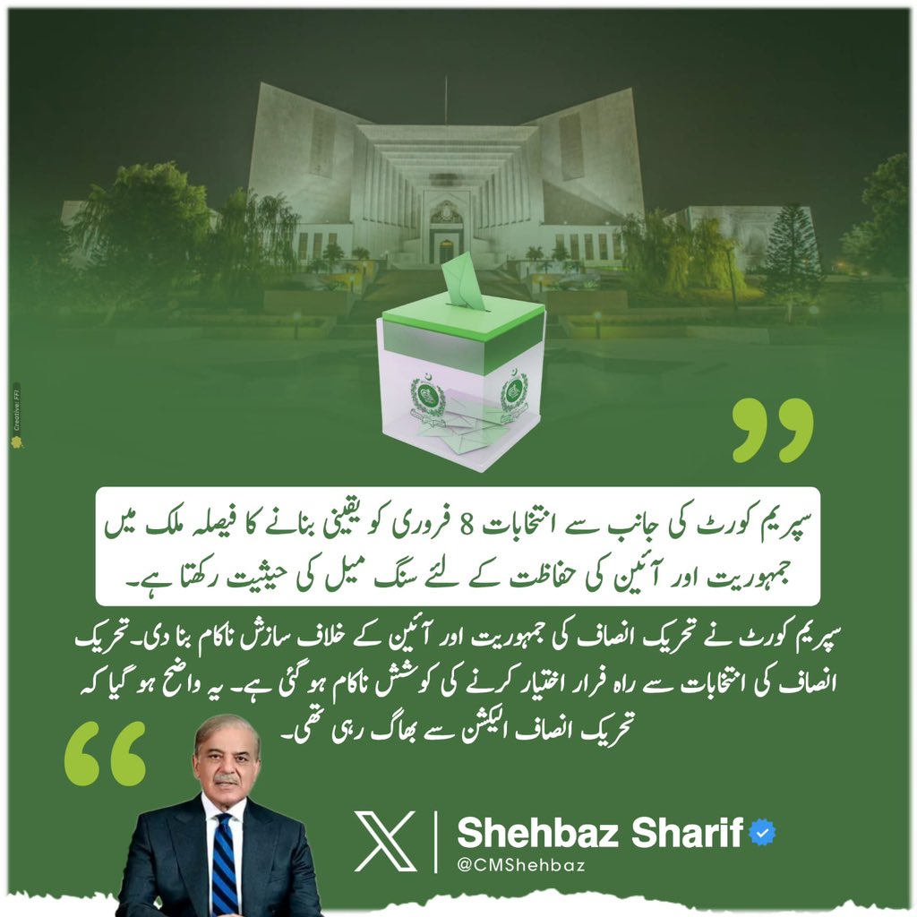 PML-N President Shehbaz Sharif applauds Supreme Court's decision to ensure elections on February 8.