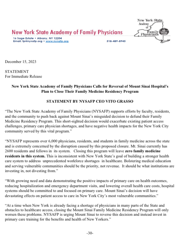 STATEMENT
For Immediate Release 
New York State Academy of Family Physicians Calls for Reversal of Mount Sinai Hospital’s
Plan to Close Their Family Medicine Residency Program

STATEMENT BY NYSAFP CEO VITO GRASSO