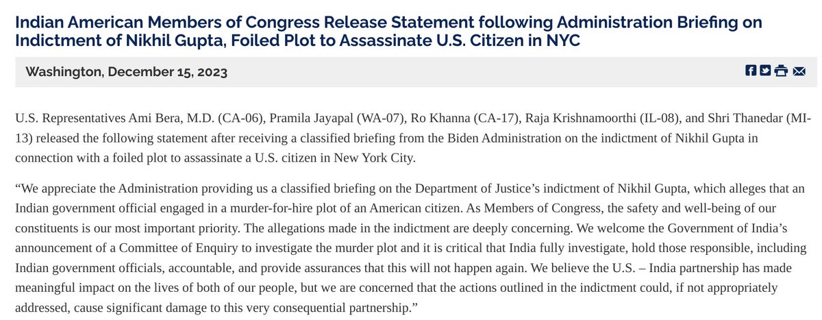 🧵My response to Indian Americans in Congress statement re India's plot to assassinate US Sikhs. First, it's a good first step that Bera, Raja, Shri even put their name on a statement with a critical word re India. Fairly sure we can thank Khanna and Jayapal for that.